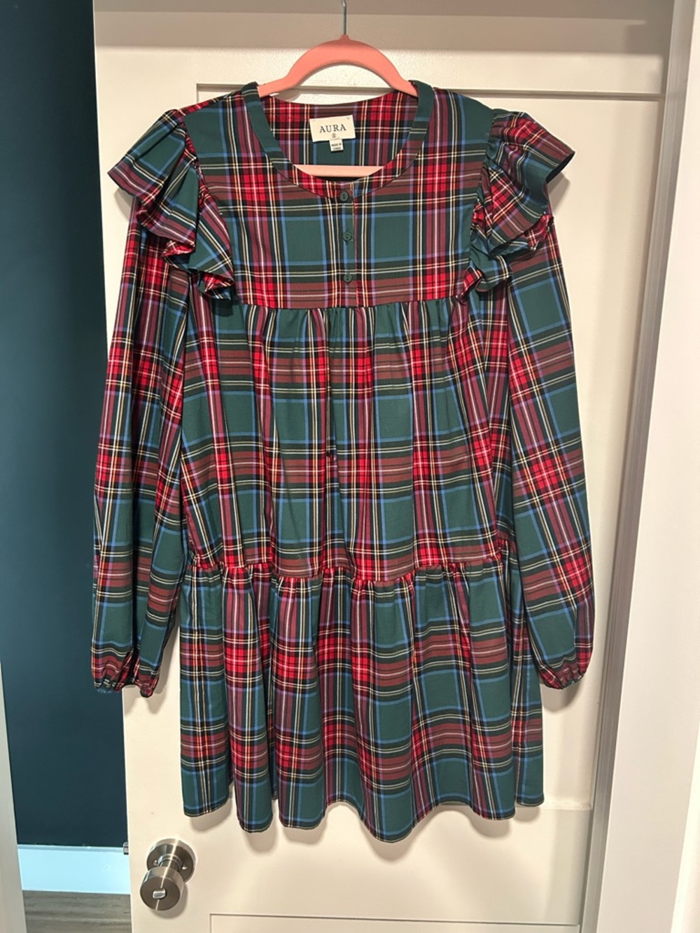Aura Green and Red Plaid Ruffle-Yoke Dress